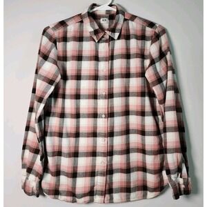 UNIQLO Plaid Flannel Shirt Womens Small Pink Brown White Check Tartan Cottage‎